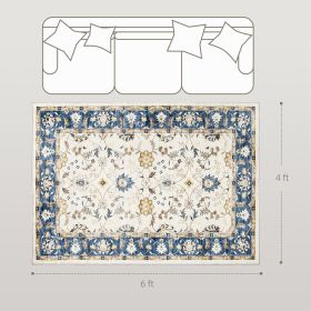 Machine Washable Area Rug 4x6, Non-Slip Boho Floral Print Floor Carpet For Living Room, Bedroom, Dining Room, Blue