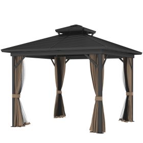10 X 10 Hardtop Gazebo With Aluminum Frame, Metal Roof Gazebo Canopy W Hook, Curtains Included, Dark Brown