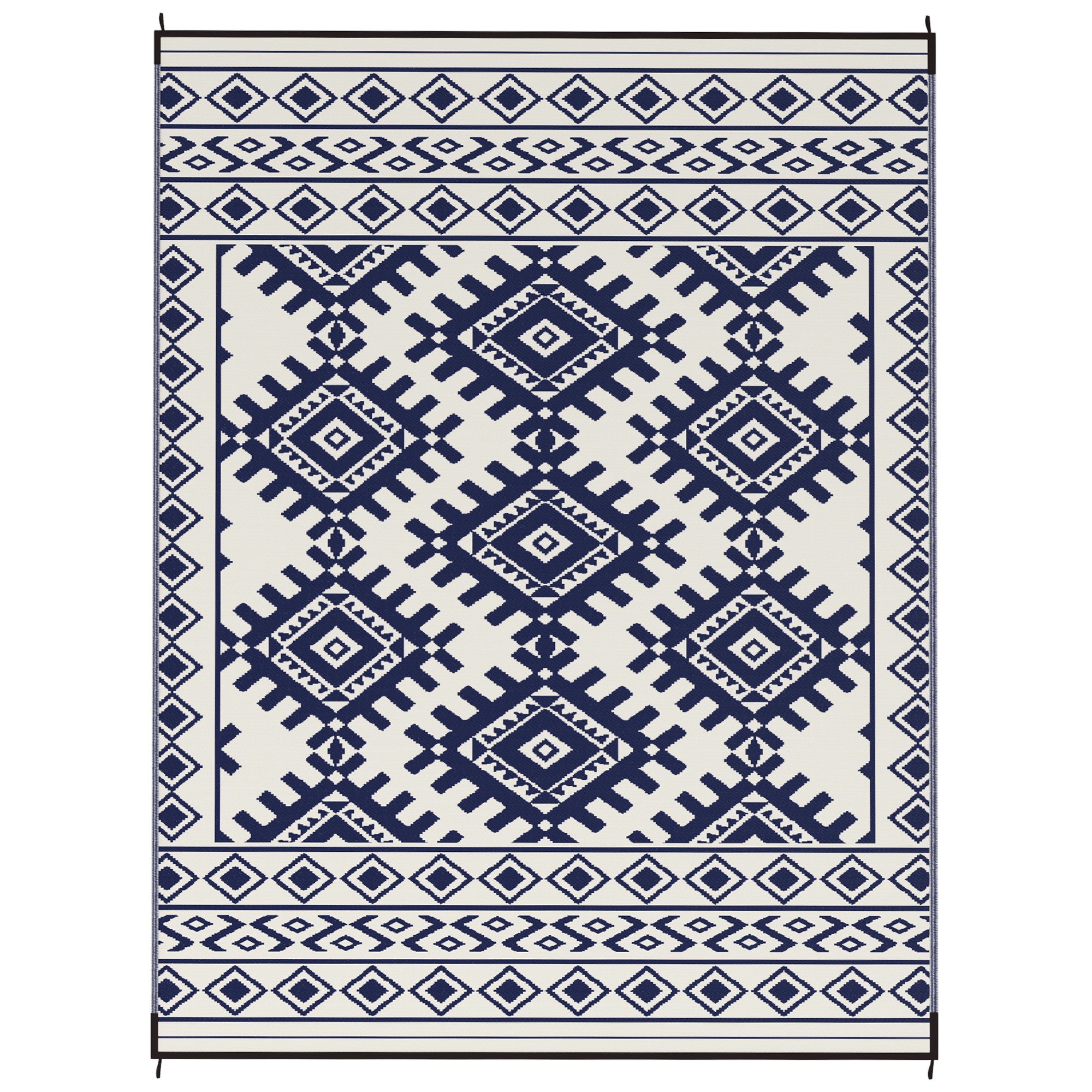 Reversible Outdoor Rug, Waterproof Plastic Straw With Carry Bag, 9 X 12, Blue  White Rhombus Border