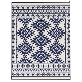 Reversible Outdoor Rug, Waterproof Plastic Straw With Carry Bag, 9 X 12, Blue  White Rhombus Border