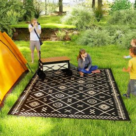 Reversible Outdoor Rug, Waterproof Plastic Straw With Carry Bag, 9 X 12, Black & Beige Rhombus