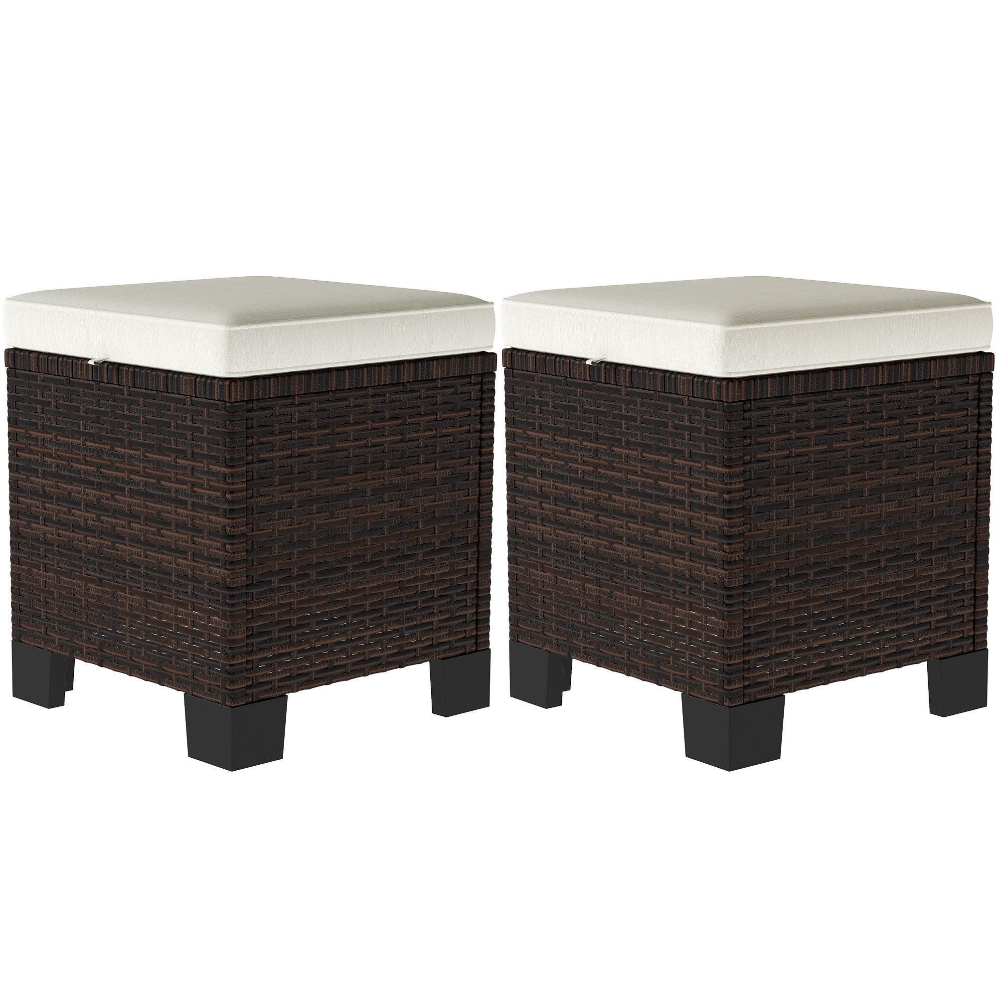 2 Piece Wicker Outdoor Ottomans With Cushions, Rattan Ottoman Footrest And Side Table For Patio, Yard, Poolside, Beige