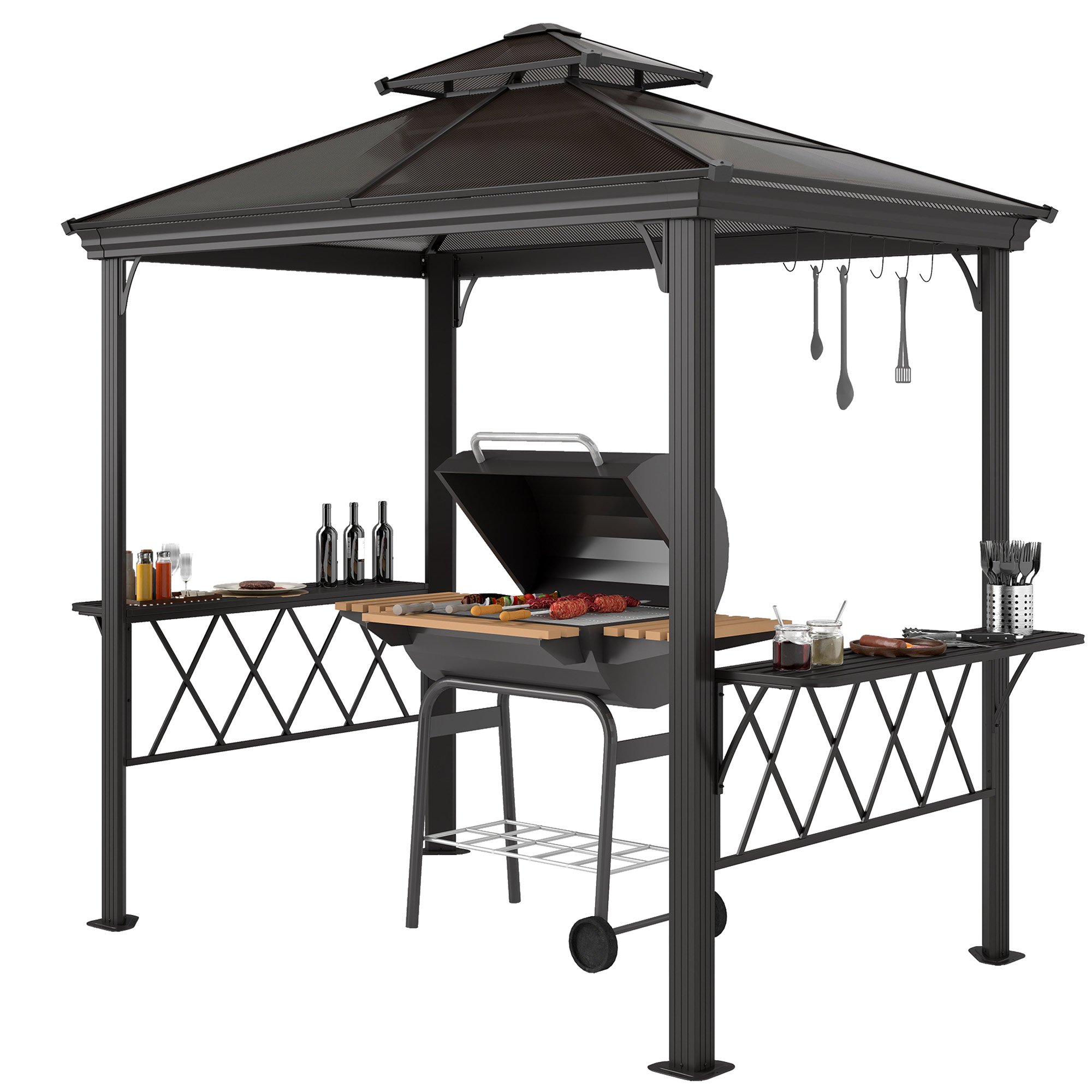 Outside Porch BBQ Cooking Pergola Canopy With 6 Hooks For Utensils And Double Venting Roof, Coffee