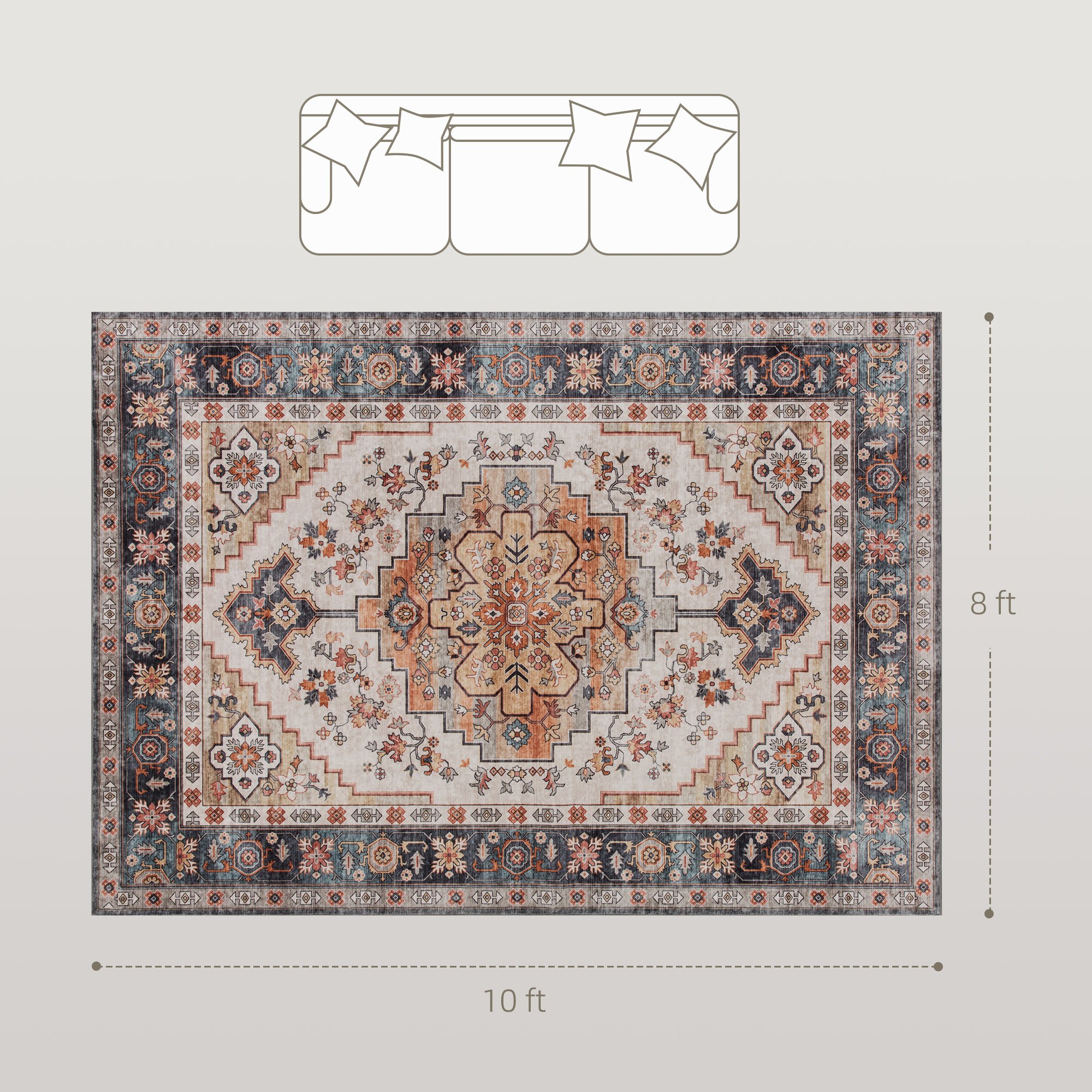 Area Rug 8x10, Machine Washable Rug, Non-Slip Boho Print Pattern Medallion Carpet For Living Room, Bedroom, Tawny Brown
