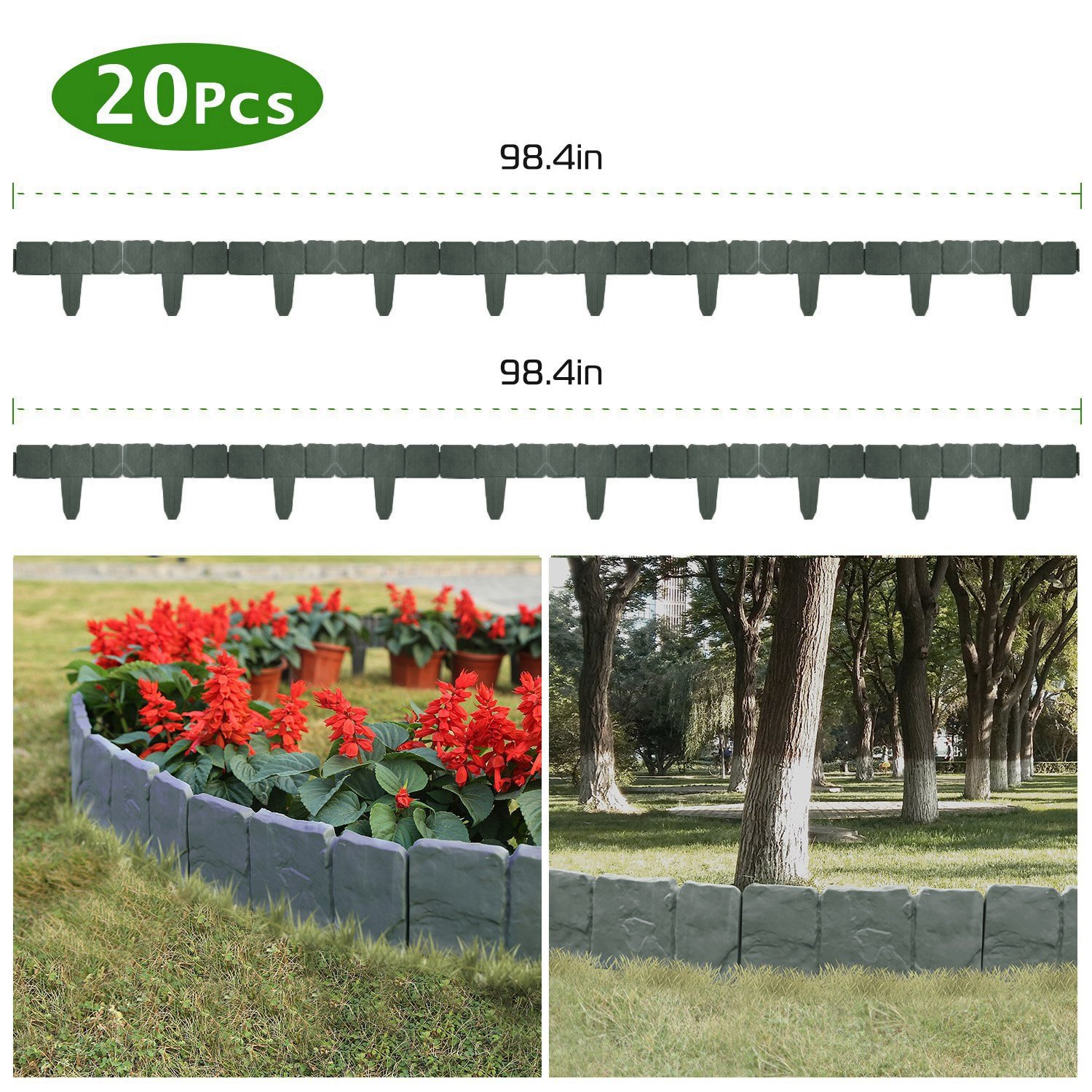 20 PCS Garden Edging Border,Imitation Stone Effect Garden Lawn Border,No Dig Flexible Lawn Edging And Flower Bed Border Grey