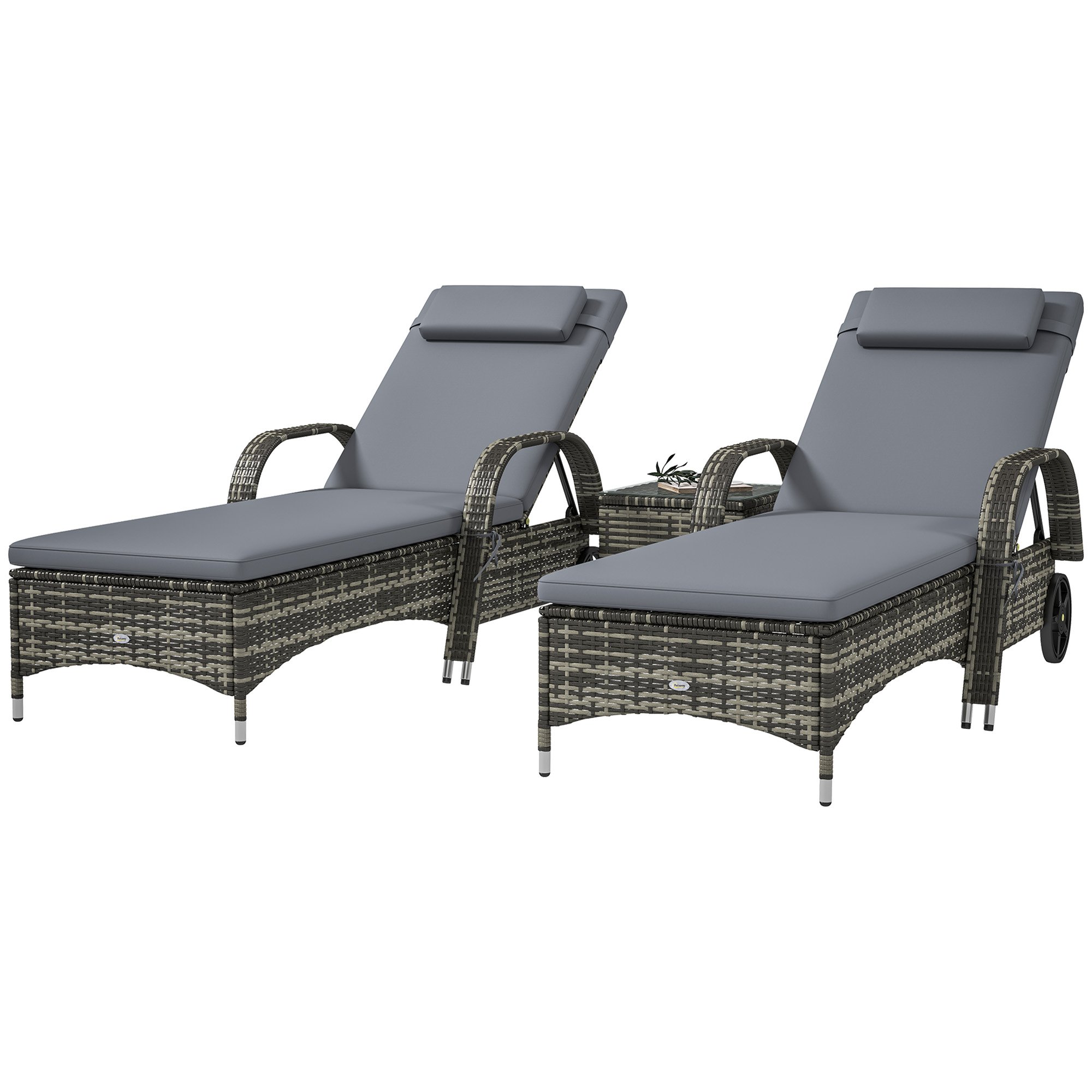 Patio Wicker Chaise Lounge Chair Set Of 2 With Table, Adjustable Backrest, Wheels, Cushion & Headrest, Gray