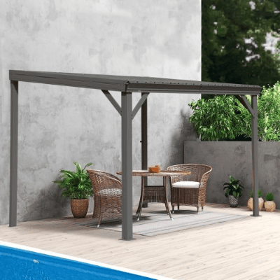 8x10 Lean To Gazebo With Upgraded Drainage System, Wall Mounted Gazebo Hardtop Galvanized Steel Sloping Roof For Patio Deck Lawn Party Gray