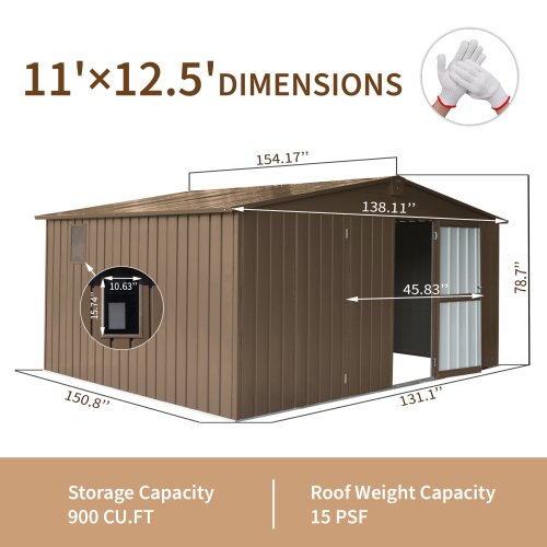 Storage Shed 11 X 12.5  With Galvanized Steel Frame & Windows, Outdoor Garden Shed Metal Utility Tool Storage Room With Lockable Door For Patio Brown