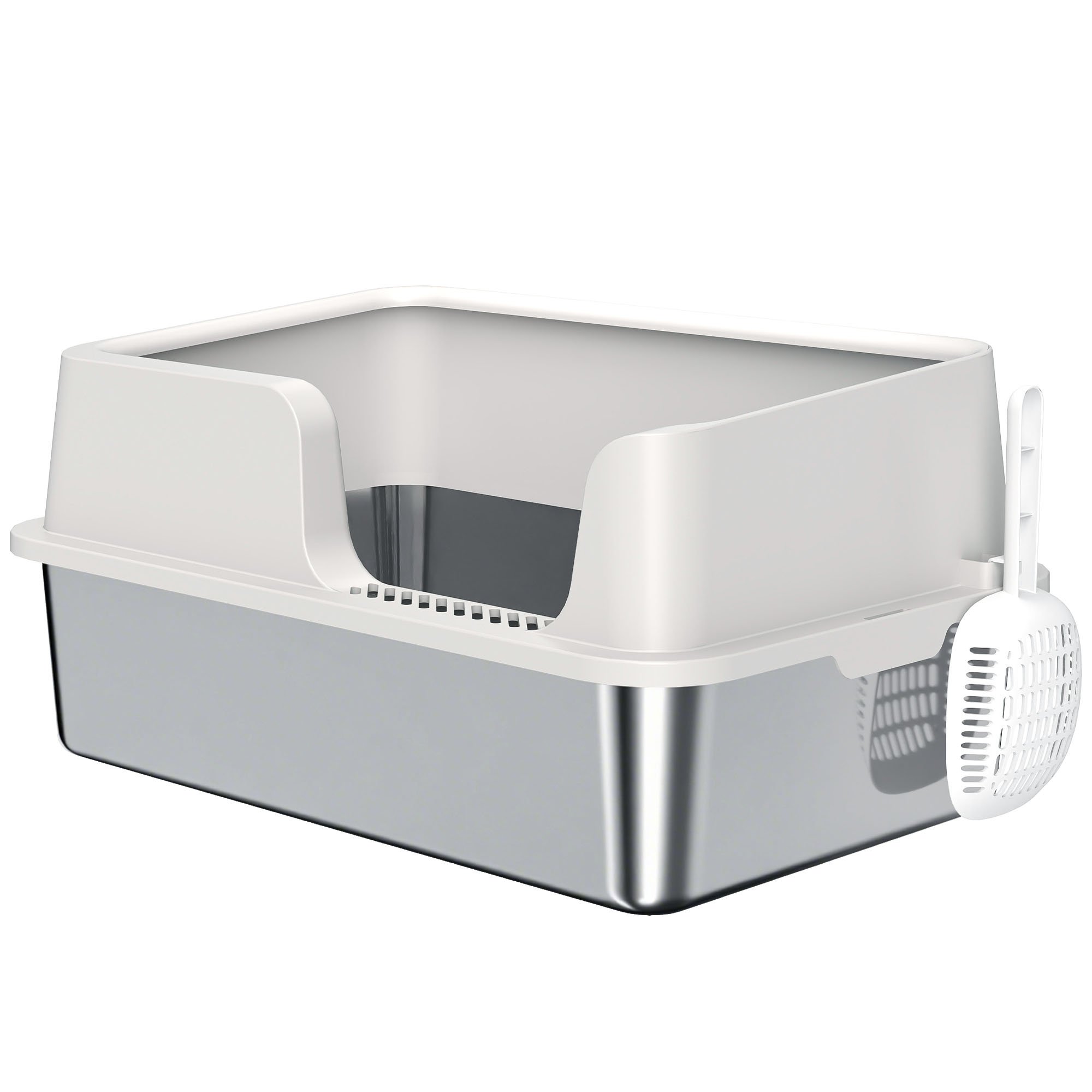 Stainless Steel Litter Box With High Side, Scoop, Easy Cleaning & Anti-Urine Leakage, For Big Cats, Light Gray
