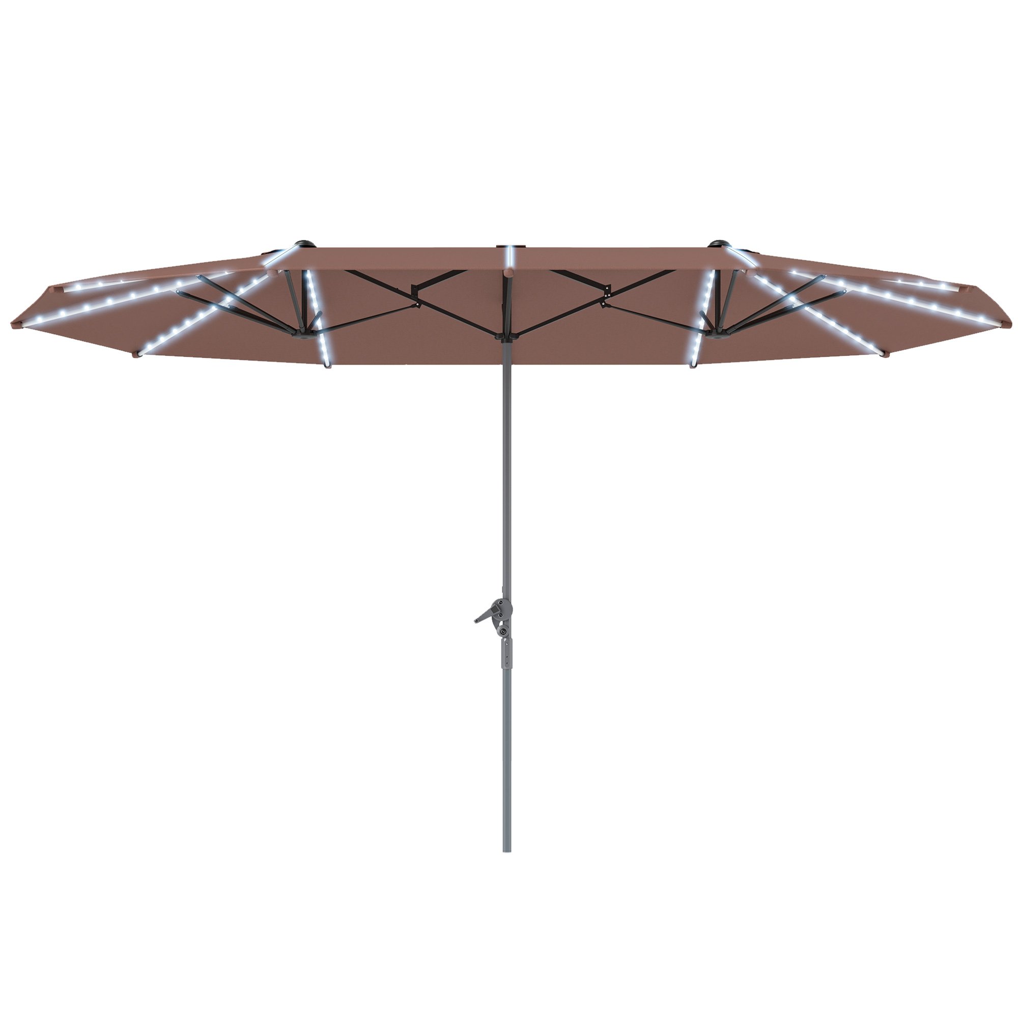 15ft Double-Sided Outdoor Umbrella With Solar Lights,  Extra Large Aluminum Patio Umbrella With Crank, Tan
