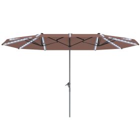 15ft Double-Sided Outdoor Umbrella With Solar Lights,  Extra Large Aluminum Patio Umbrella With Crank, Tan