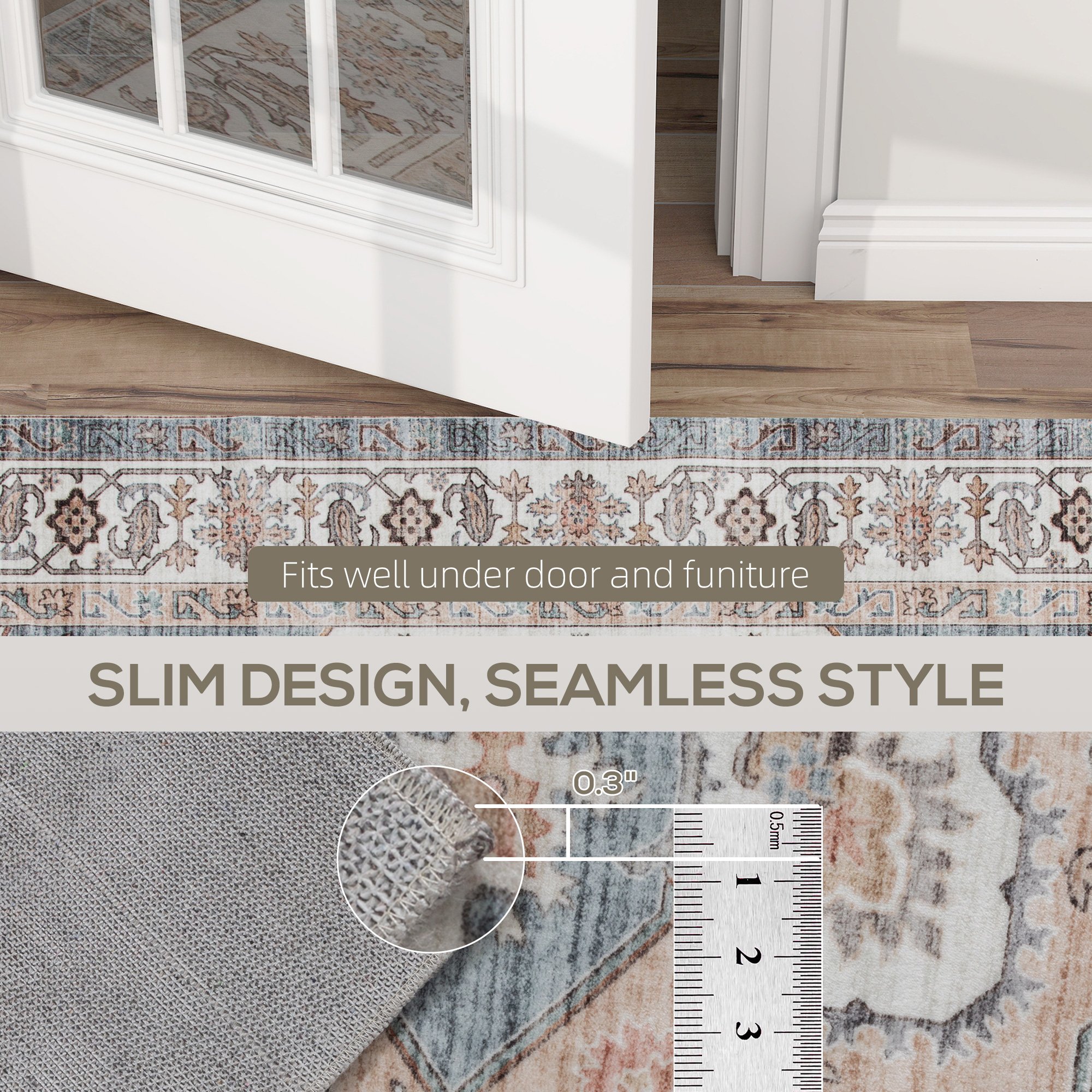 5x7 Area Rug, Vintage Machine Washable Rug, Non-Slip Carpet For Living Room, Bedroom, Dining Room, Brown & Light Blue