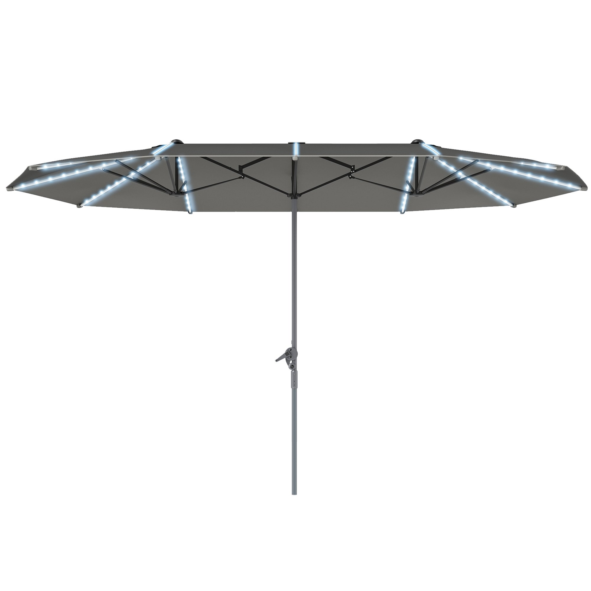 15ft Double-Sided Outdoor Umbrella With Solar Lights, Extra Large Aluminum Patio Umbrella With Crank, Dark Gray