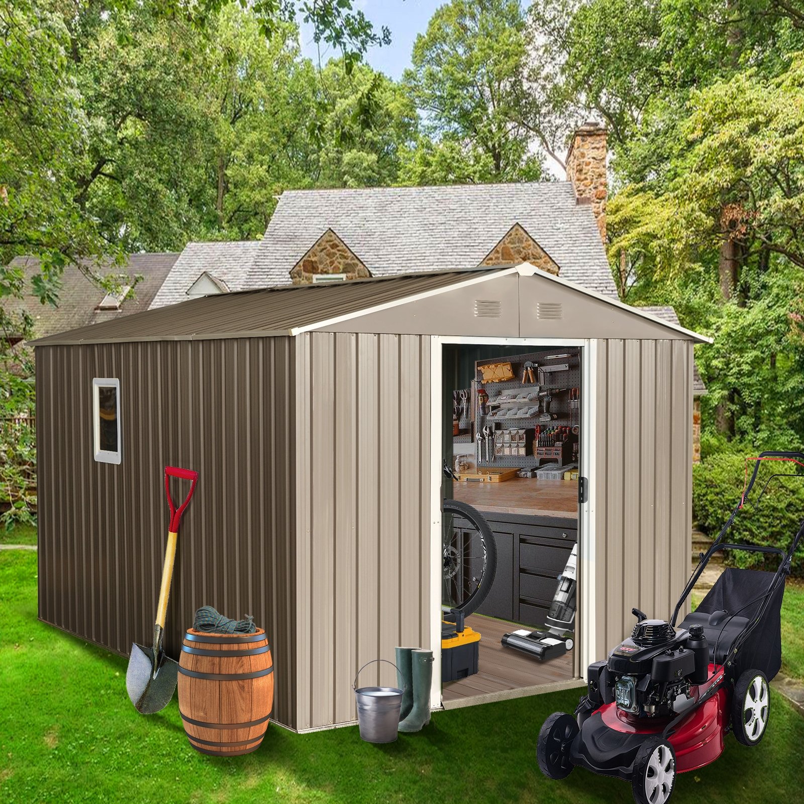 10ft X 8ft Outdoor Metal Storage Shed With Metal Floor Base,with Window,Grey
