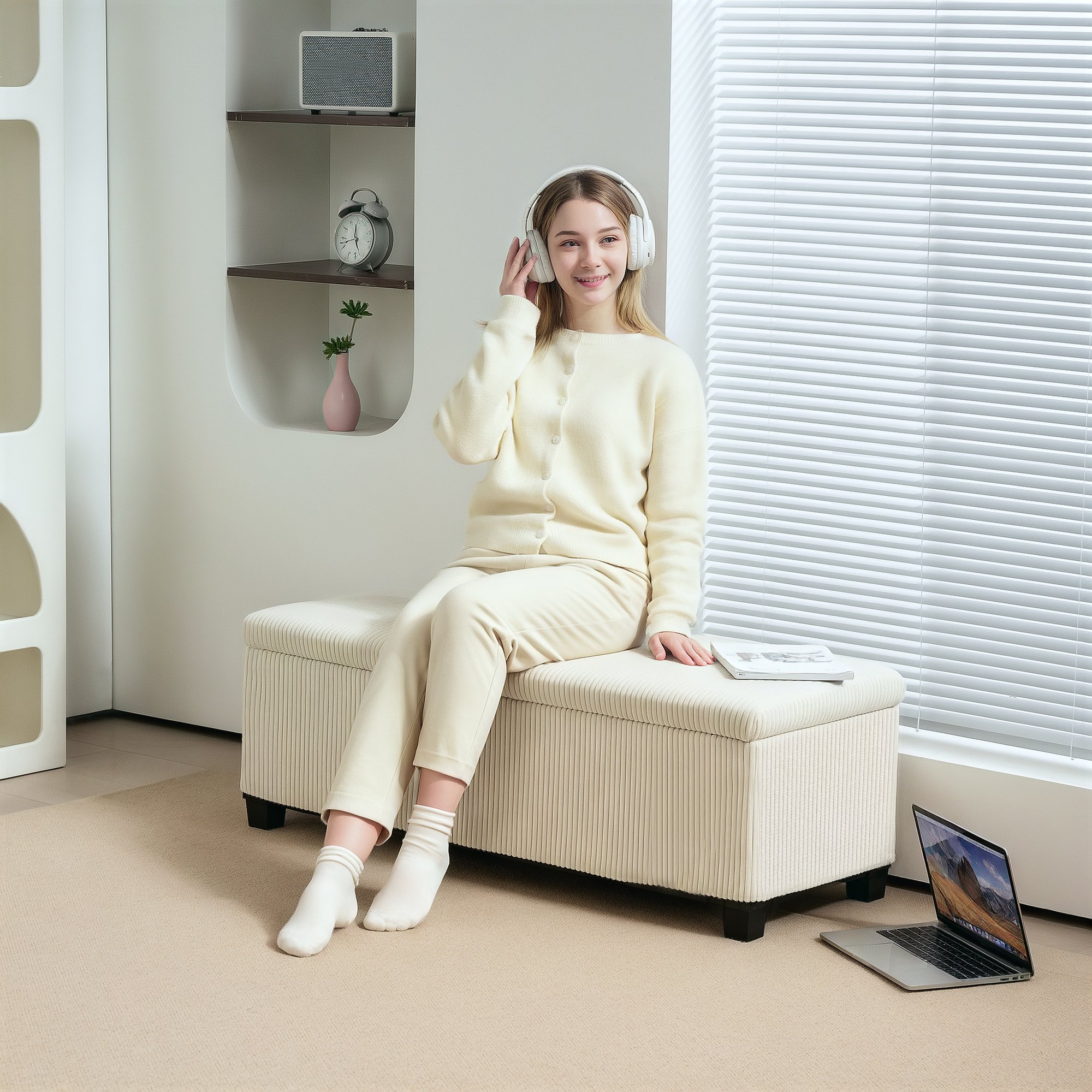 44 Inches Ottoman With Storage, Lid, Legs, Corduroy End Of Bed Bench For Living Room, Bedroom, Entryway, Beige