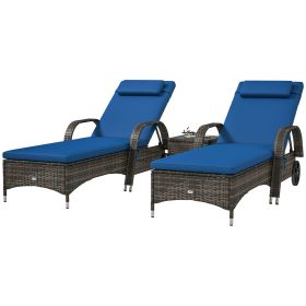 Patio Wicker Chaise Lounge Chair Set Of 2 With Table, Adjustable Backrest, Wheels, Cushion & Headrest, Blue