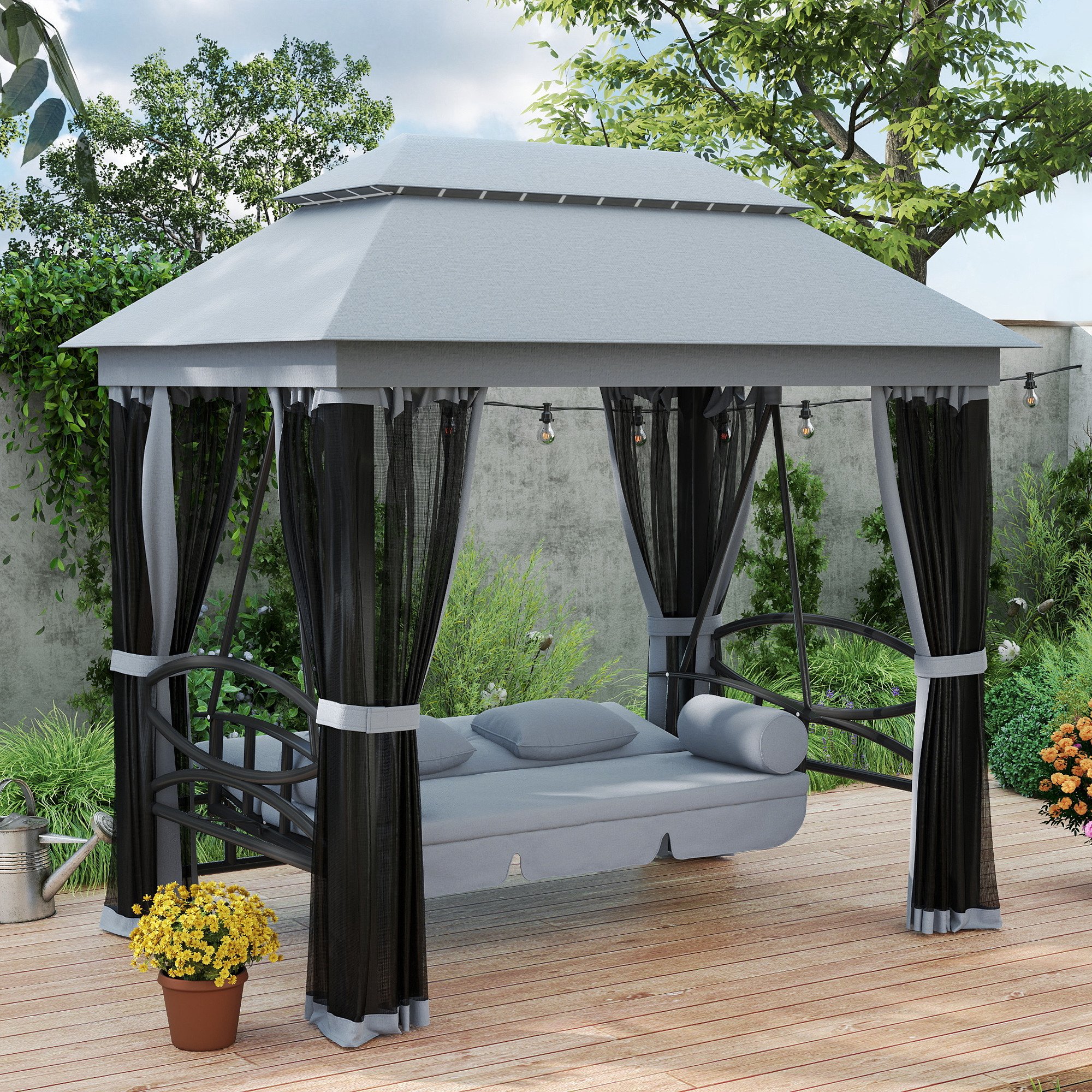 3-Seat Patio Swing Chair, Outdoor Gazebo Swing With Double Tier Canopy, Mesh Sidewalls, Cushioned Seat And Pillows, Gray