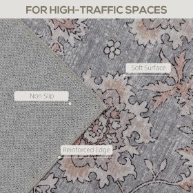 Machine Washable Area Rug 4x6, Non-Slip Traditional Flower Print Floor Carpet For Living Room, Bedroom, Grey And Brown