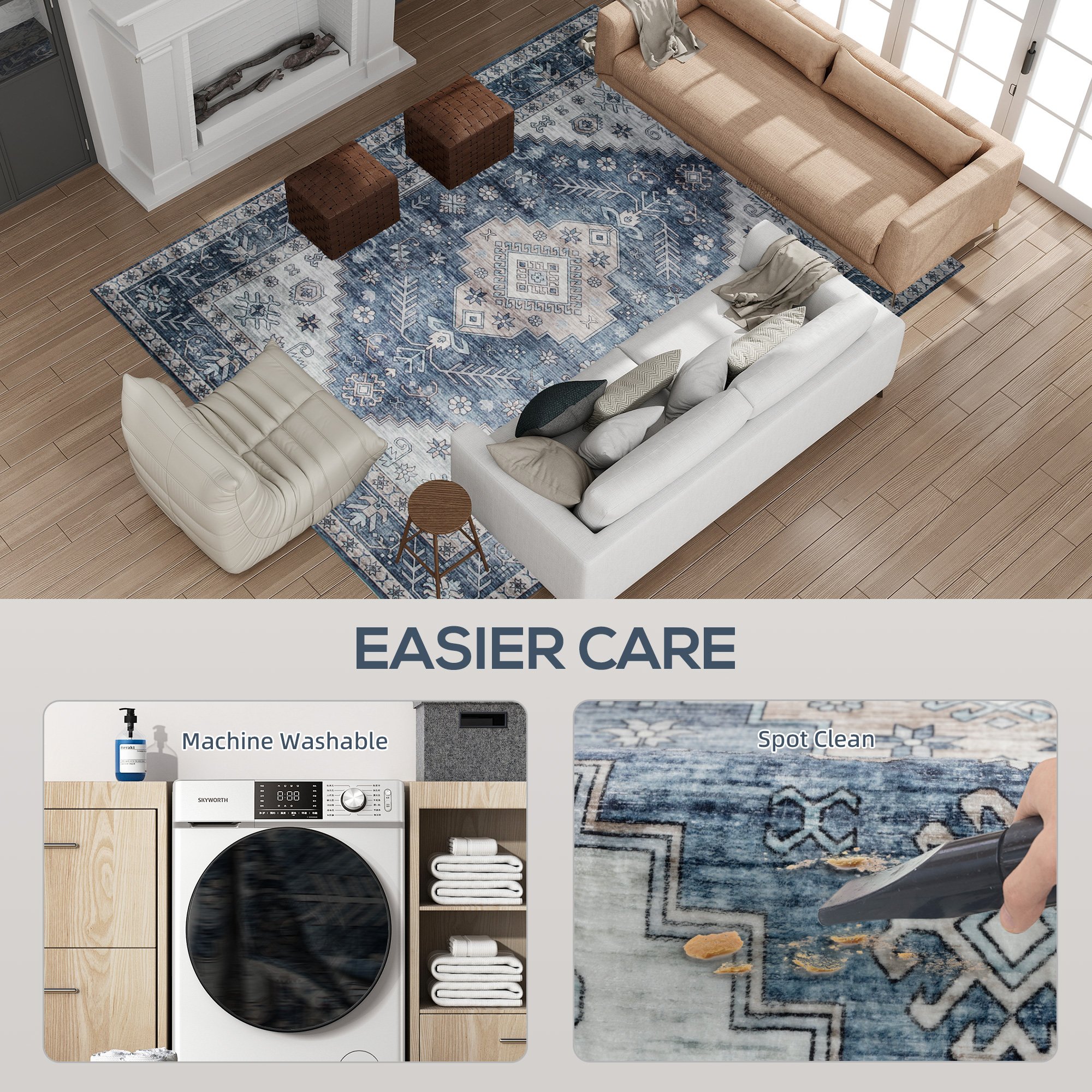 8x10 Area Rug, Vintage Washable Rug, Non-Slip Floor Carpet For Living Room, Bedroom, Dining Room, Blue