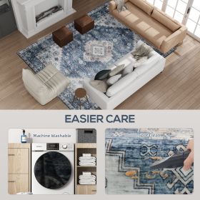 8x10 Area Rug, Vintage Washable Rug, Non-Slip Floor Carpet For Living Room, Bedroom, Dining Room, Blue