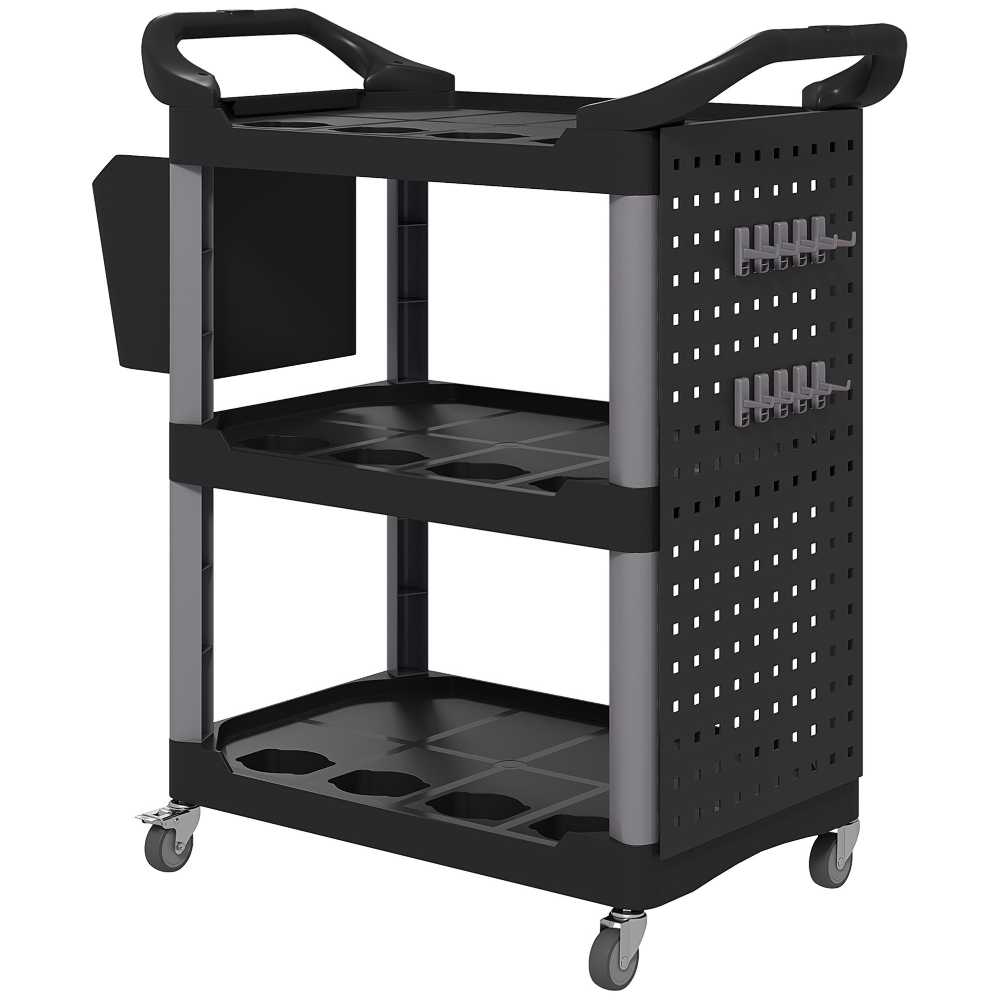 3-Tier Rolling Tool Cart, 200 LBS Capacity Plastic Utility Cart With Side Shelf And Storage Bucket, Black