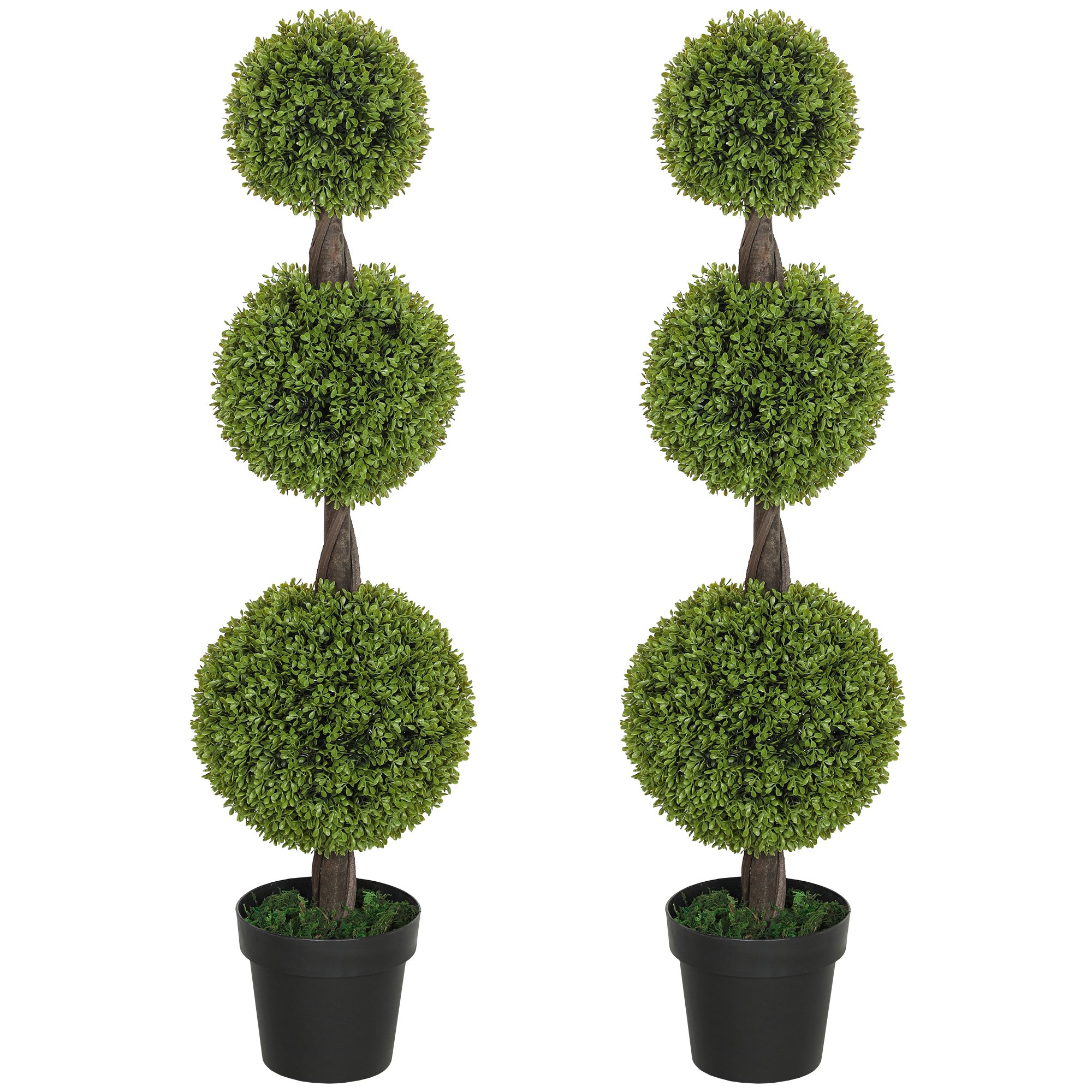Set Of 2 Artificial Ball Boxwood Topiary Trees, Fake Plants In Pots For Indoor Outdoor Living Room, Green