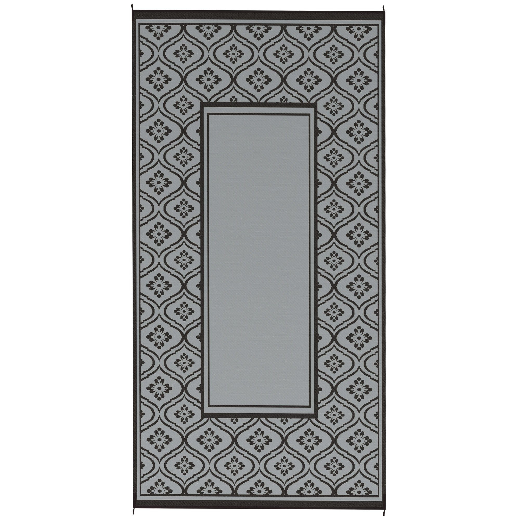 Reversible Outdoor Rug, Waterproof Plastic Straw With Carry Bag, 9 X 18, Black & Gray Gourd Border