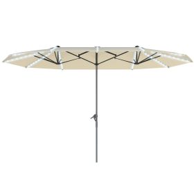 15ft Double-Sided Outdoor Umbrella With Solar Lights, Extra Large Aluminum Patio Umbrella With Crank, Cream White