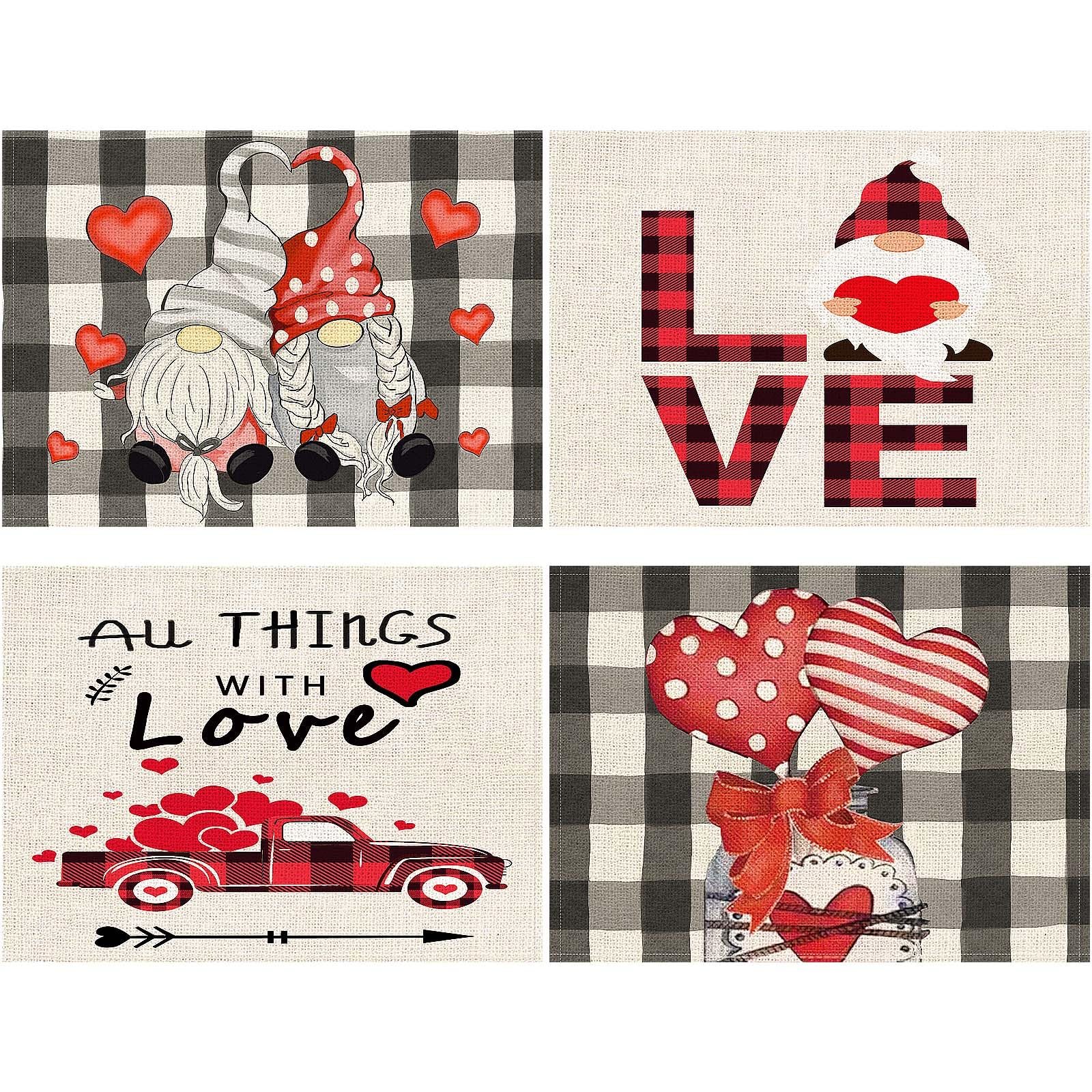 Valentines Day Placemats Set Of 4, 17x12.5 Inches With Gnomes And Hearts Pattern For Holiday Parties And Family Gatherings,Amazon Is Banned