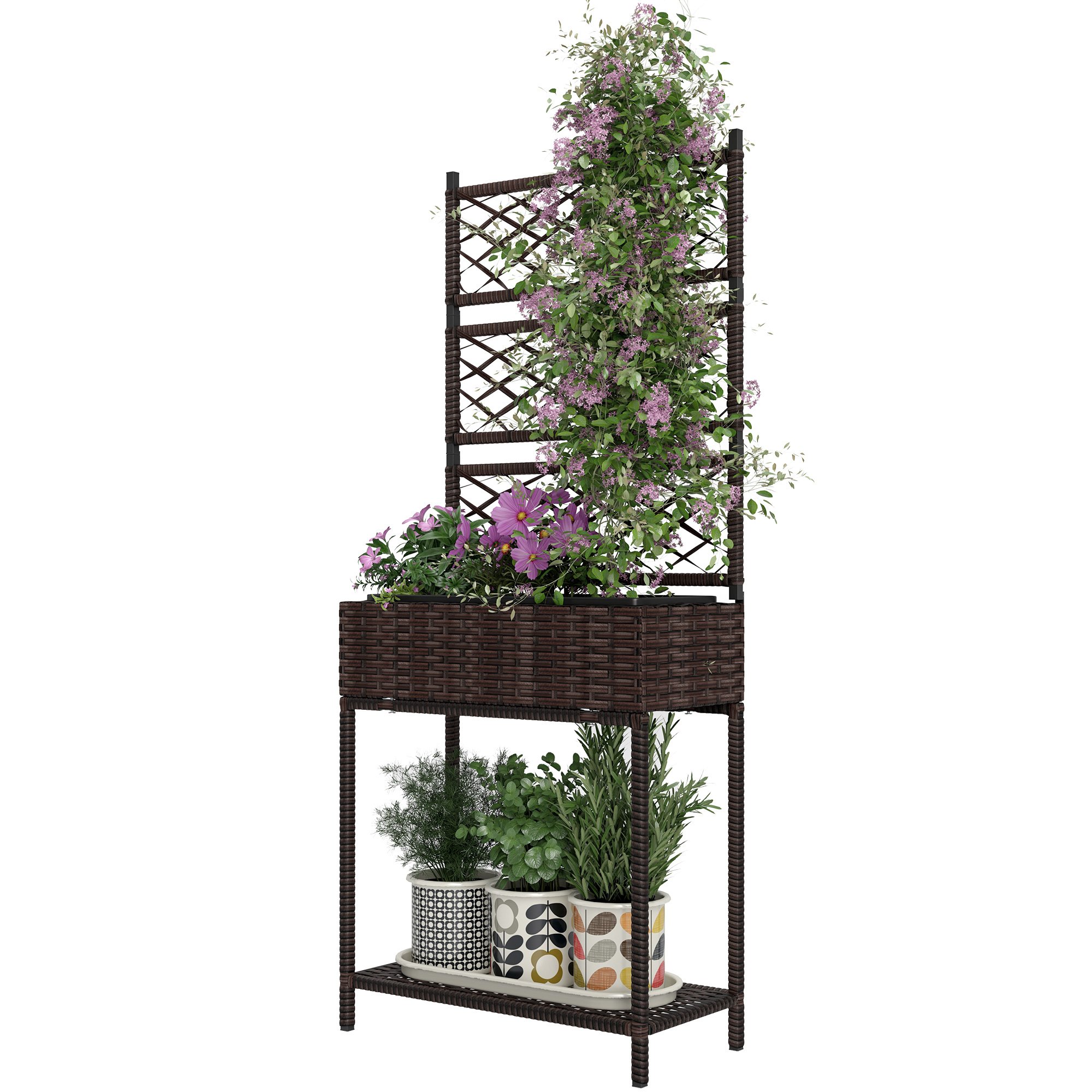 Outdoor Wicker Planter With Trellis For Climbing Plants, Freestanding Rattan Garden Box With Storage Shelf, Brown